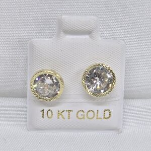ORO 10K BROQUEL BISELADO CZ Gold Earrings Stud Round Bezel Arete